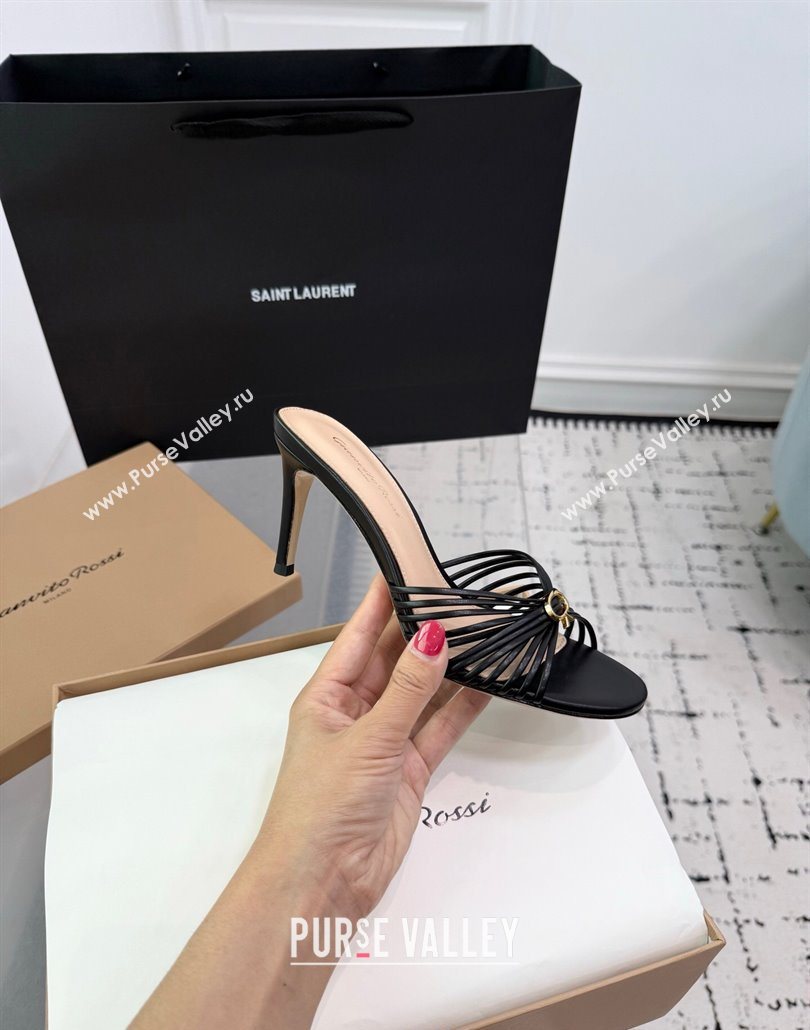 Gianvito Rossi Vyna Heel Slides Sandal 8cm in Lambskin Leather Black 2025 (KER-250606005)