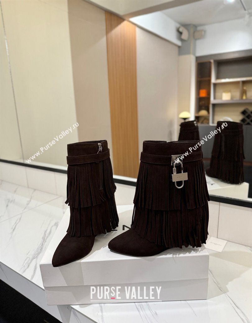 Givenchy Shark Lock Tassel Wedge Ankle Boots 8.5cm in Suede Dark Brown 2025 1210 (MD-251210002)