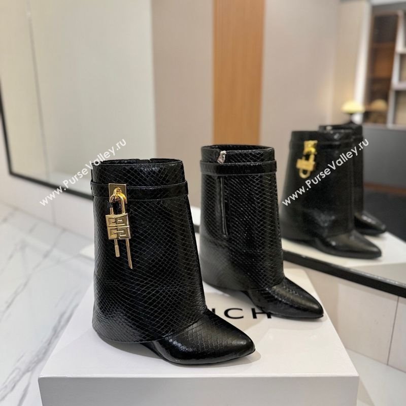 Givenchy Shark Lock Wedge Ankle Boots 8.5cm in Snakeskin Embossed Leather Black 2025 1210 (MD-251210018)