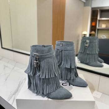 Givenchy Shark Lock Tassel Wedge Ankle Boots 8.5cm in Suede Dusty Blue 2025 1210 (MD-251210004)