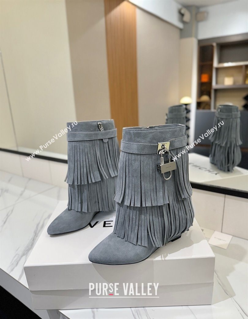 Givenchy Shark Lock Tassel Wedge Ankle Boots 8.5cm in Suede Dusty Blue 2025 1210 (MD-251210004)