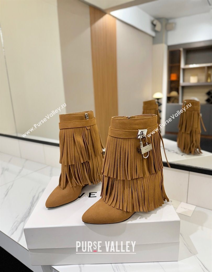 Givenchy Shark Lock Tassel Wedge Ankle Boots 8.5cm in Suede Light Brown 2025 1210 (MD-251210001)
