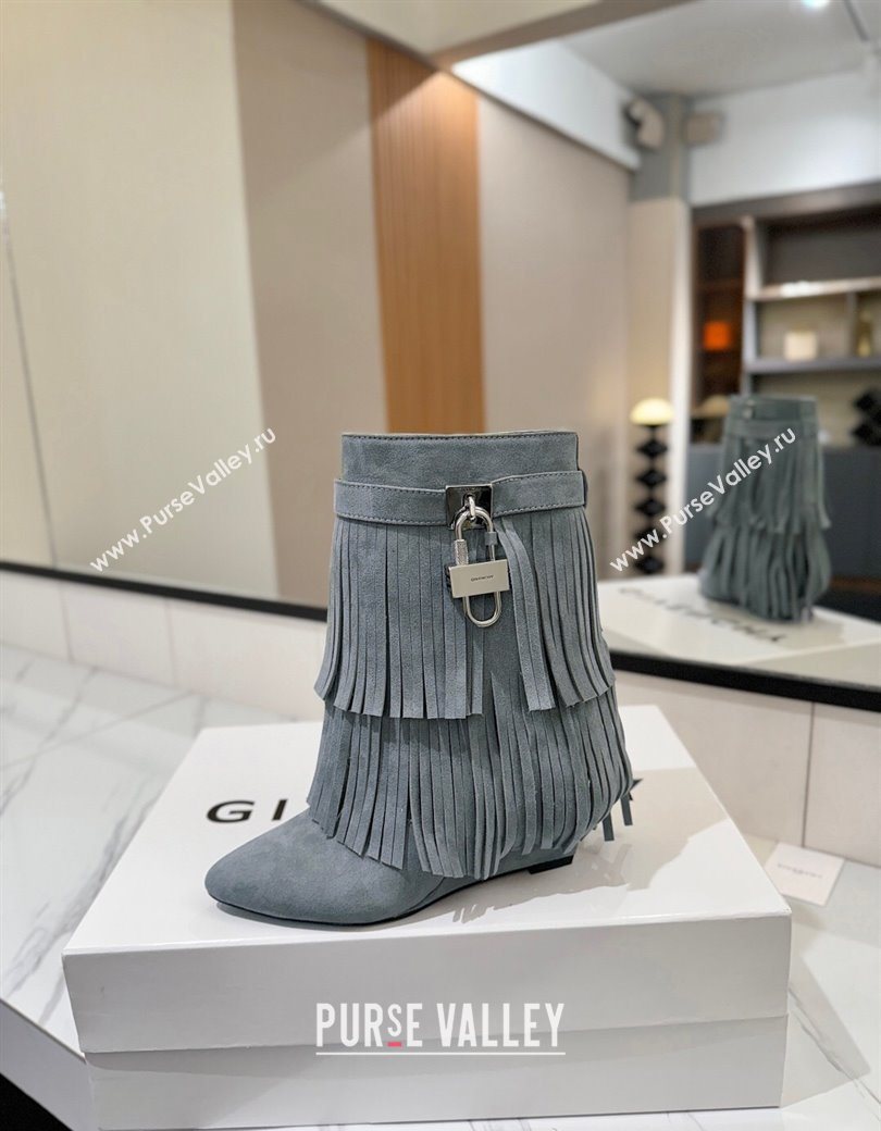Givenchy Shark Lock Tassel Wedge Ankle Boots 8.5cm in Suede Dusty Blue 2025 1210 (MD-251210004)