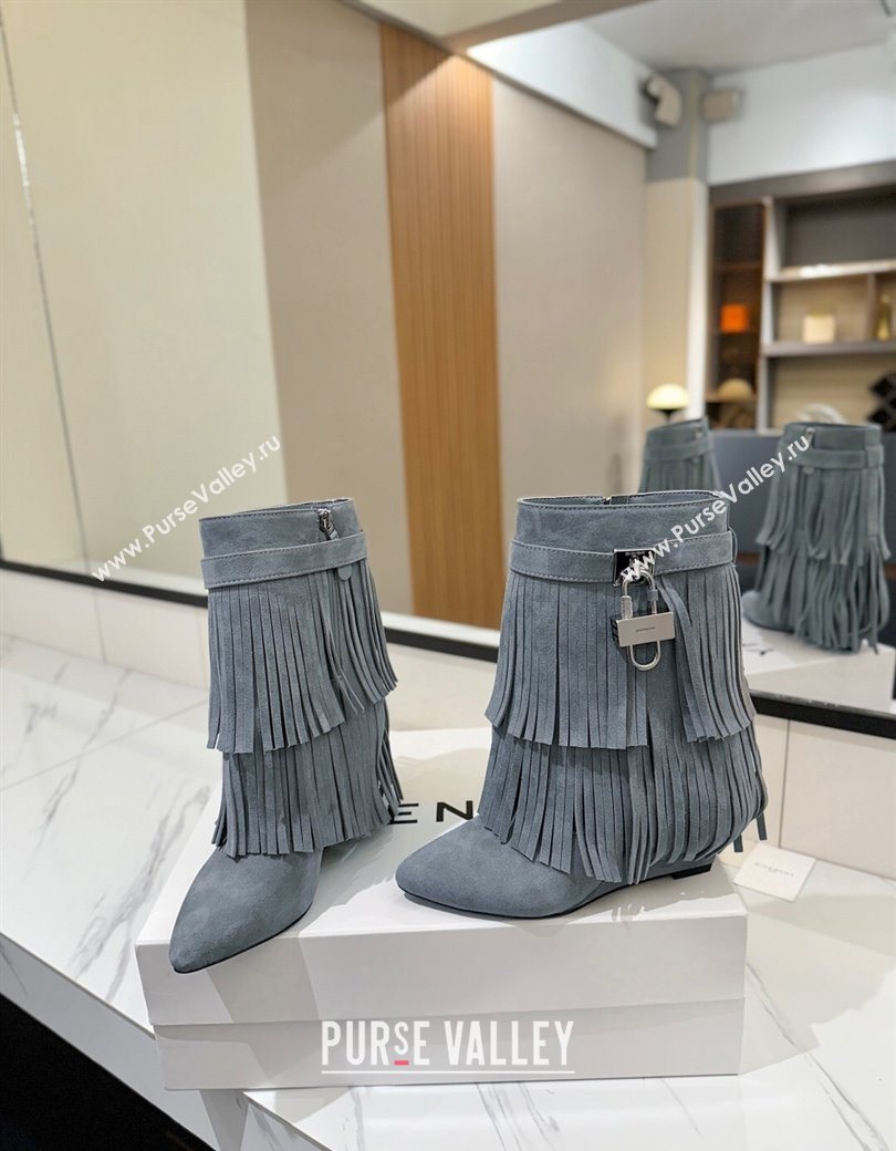 Givenchy Shark Lock Tassel Wedge Ankle Boots 8.5cm in Suede Dusty Blue 2025 1210 (MD-251210004)