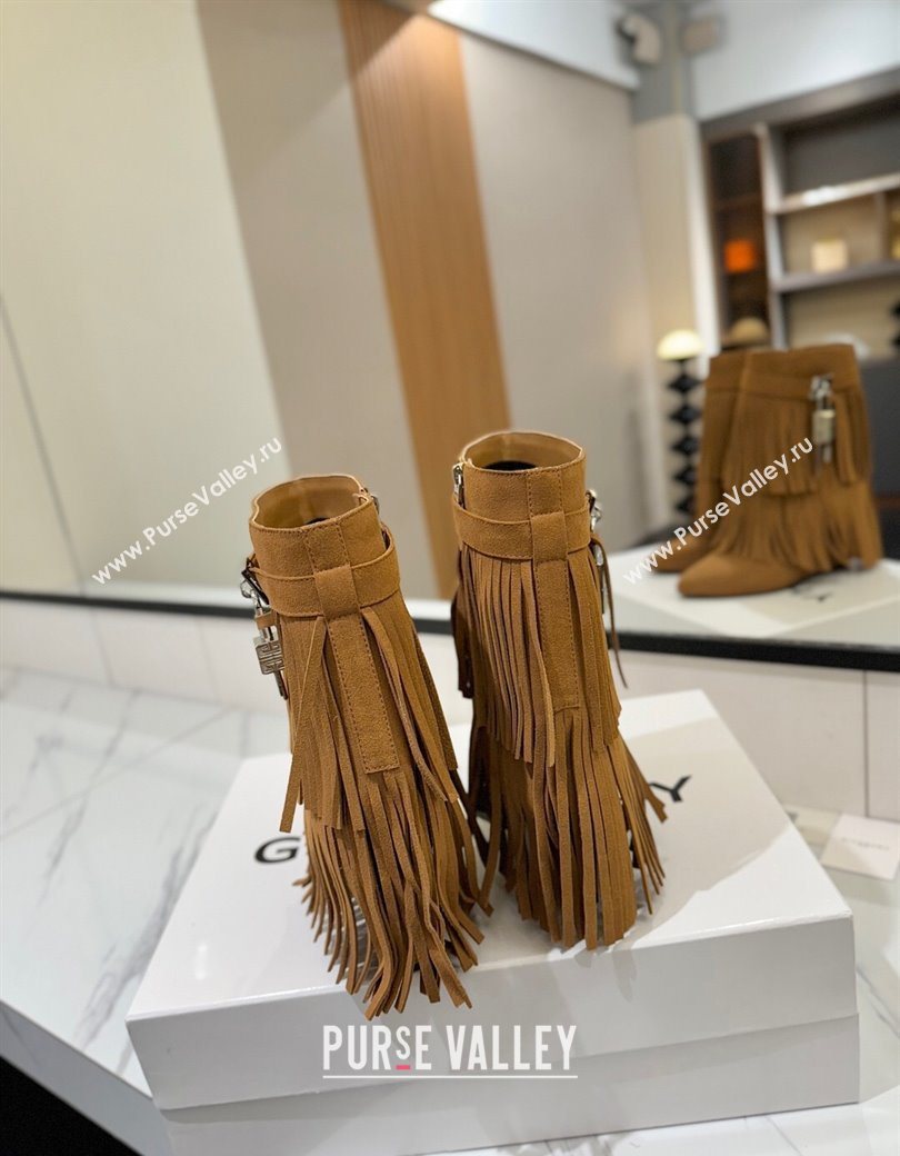 Givenchy Shark Lock Tassel Wedge Ankle Boots 8.5cm in Suede Light Brown 2025 1210 (MD-251210001)