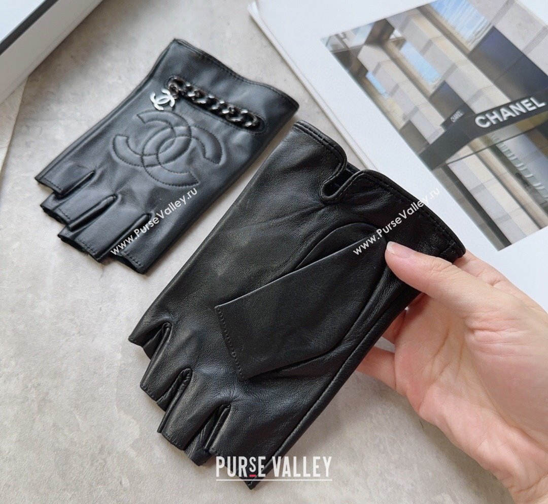 Chanel Lambskin Short Gloves with Chain Black 2023 1019 (A-23101969)