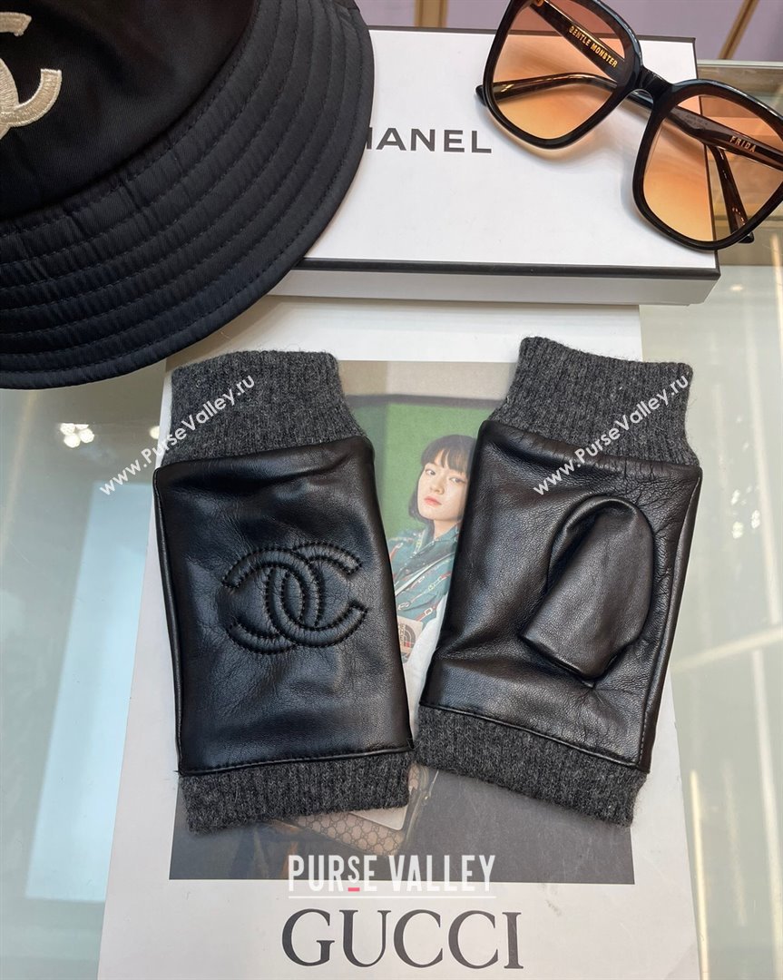 Chanel Lambskin and Knit Gloves Black 2023 1019 (A-23101970)