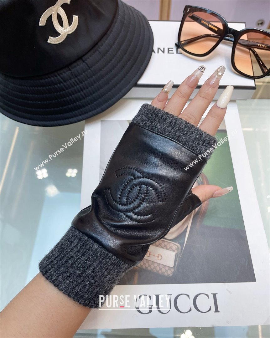 Chanel Lambskin and Knit Gloves Black 2023 1019 (A-23101970)