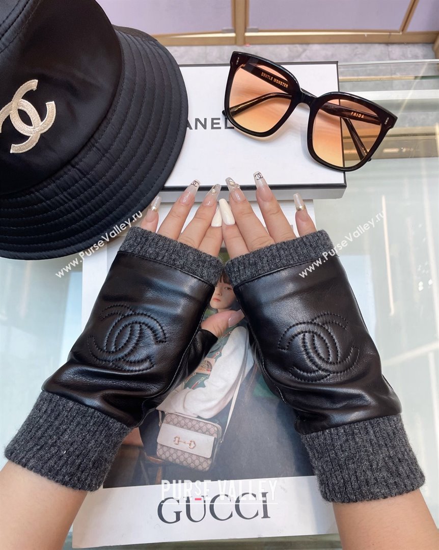 Chanel Lambskin and Knit Gloves Black 2023 1019 (A-23101970)