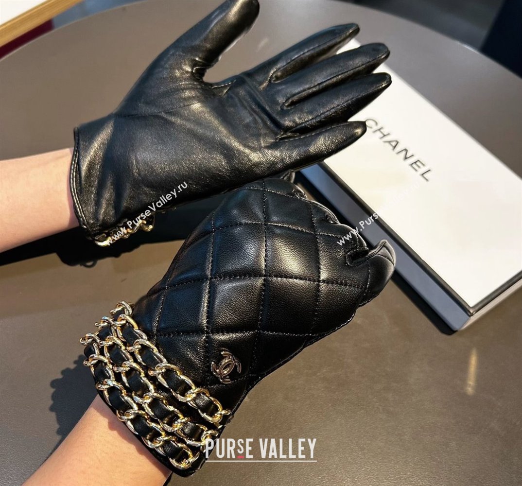 Chanel Quilted Lambskin and Cashmere Gloves with Chain Black 2023 1019 (XMN-23101962)