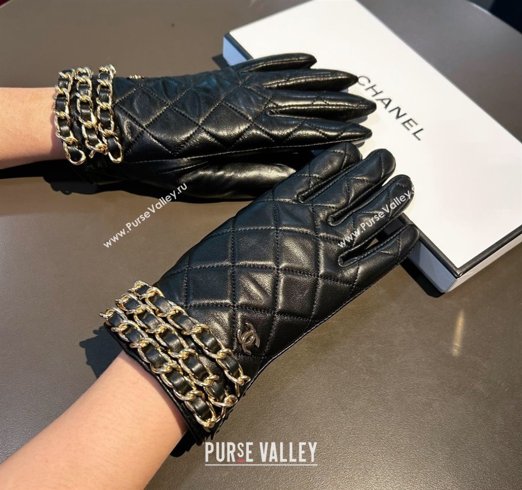 Chanel Quilted Lambskin and Cashmere Gloves with Chain Black 2023 1019 (XMN-23101962)