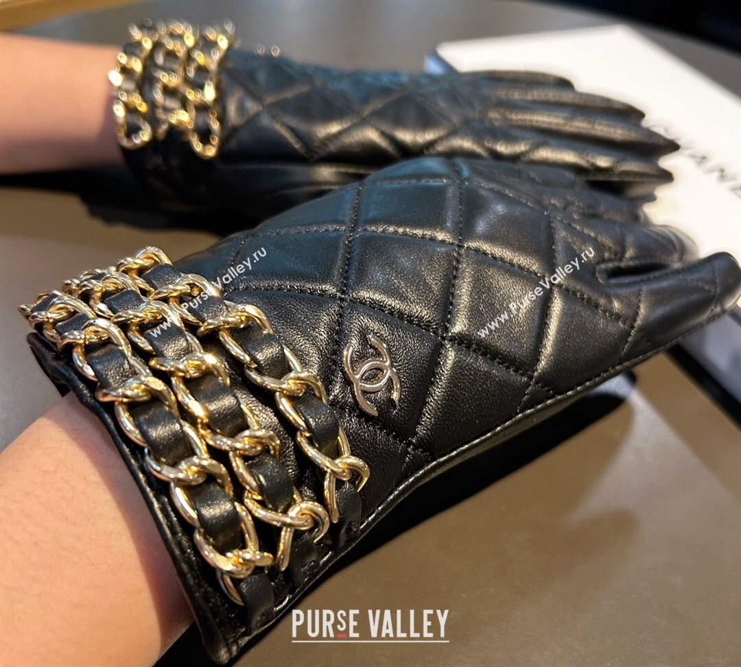 Chanel Quilted Lambskin and Cashmere Gloves with Chain Black 2023 1019 (XMN-23101962)