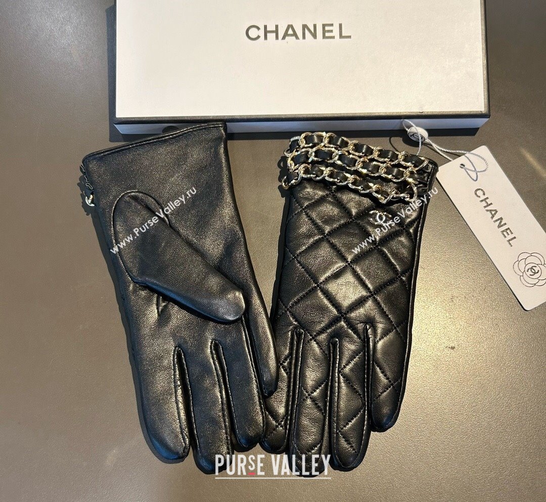 Chanel Quilted Lambskin and Cashmere Gloves with Chain Black 2023 1019 (XMN-23101962)