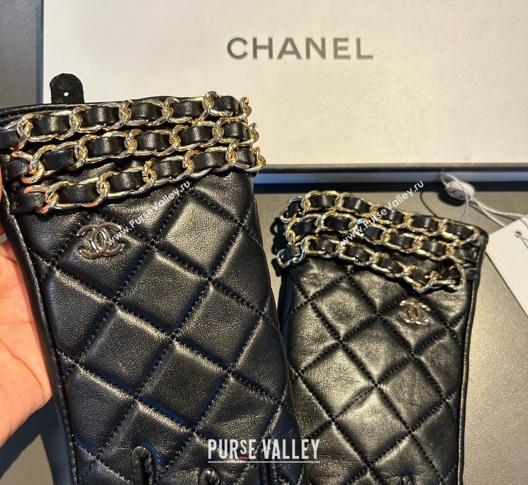 Chanel Quilted Lambskin and Cashmere Gloves with Chain Black 2023 1019 (XMN-23101962)