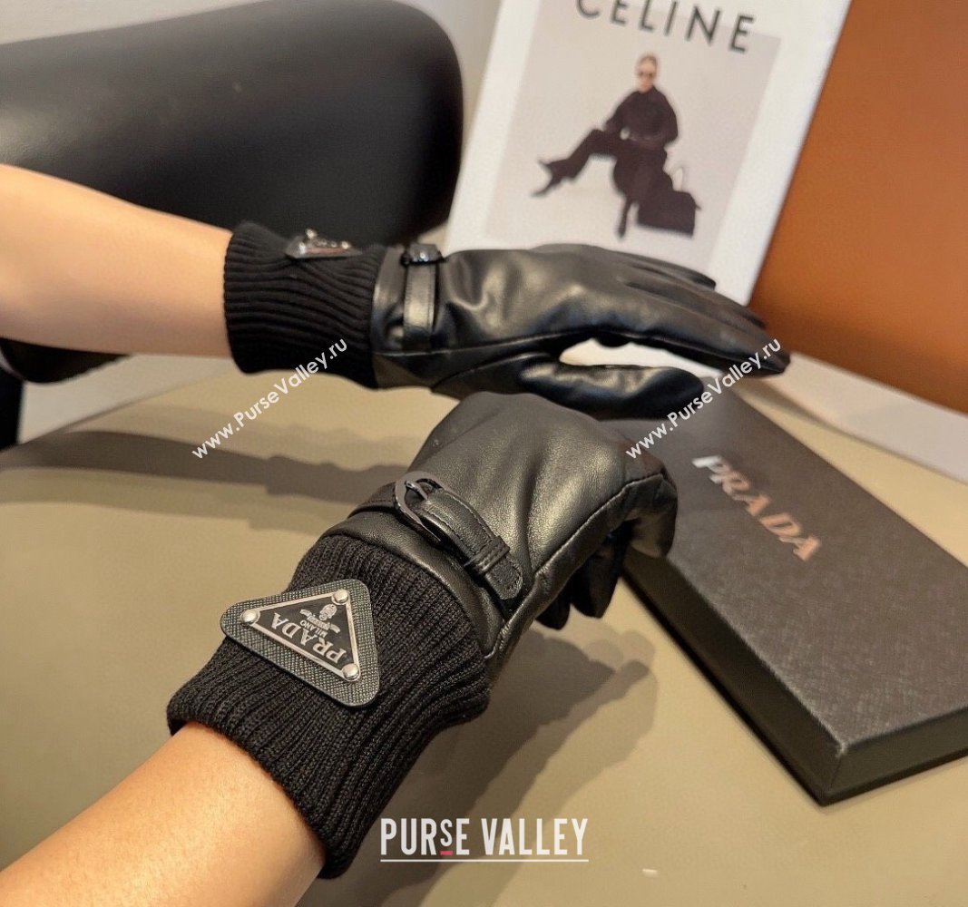 Prada Lambskin and Knit Gloves Black 2024 1022 (MAO-241023146)