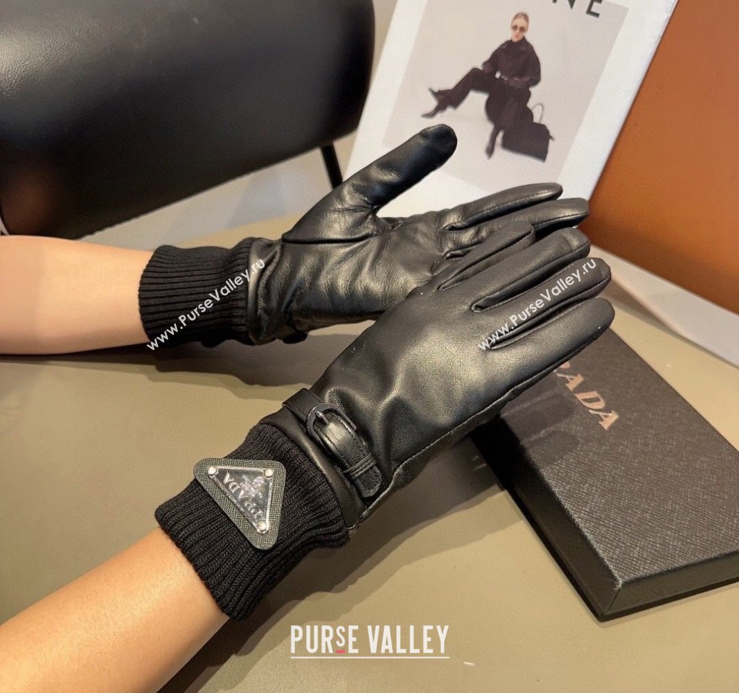 Prada Lambskin and Knit Gloves Black 2024 1022 (MAO-241023146)