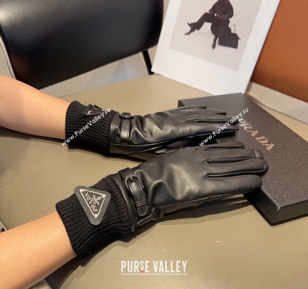 Prada Lambskin and Knit Gloves Black 2024 1022 (MAO-241023146)