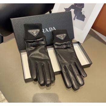 Prada Lambskin and Knit Gloves Black 2024 1022 (MAO-241023146)