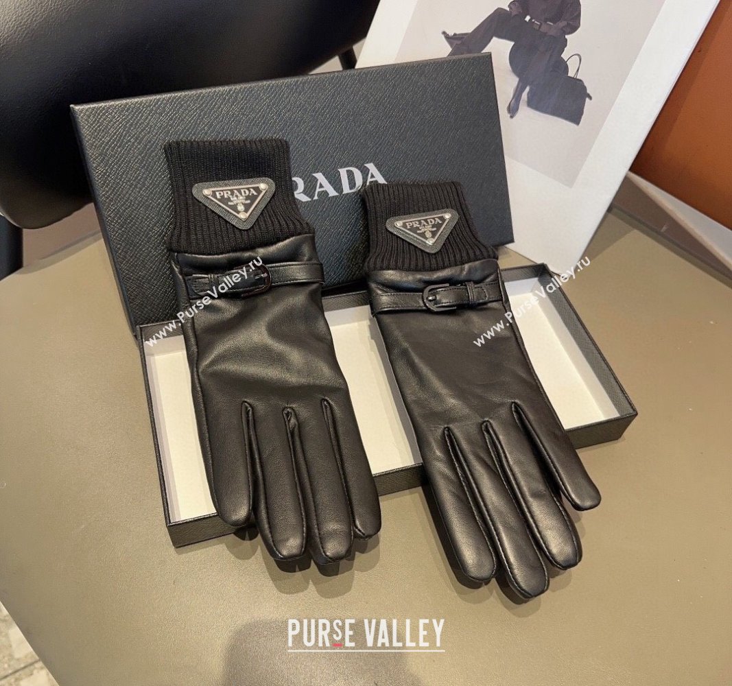 Prada Lambskin and Knit Gloves Black 2024 1022 (MAO-241023146)