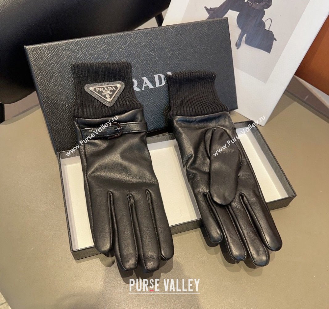 Prada Lambskin and Knit Gloves Black 2024 1022 (MAO-241023146)