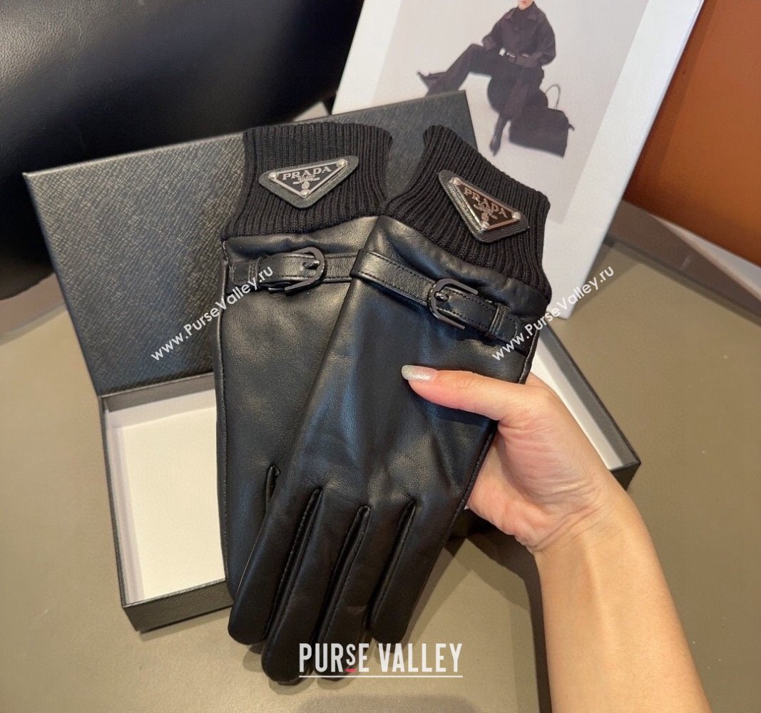 Prada Lambskin and Knit Gloves Black 2024 1022 (MAO-241023146)