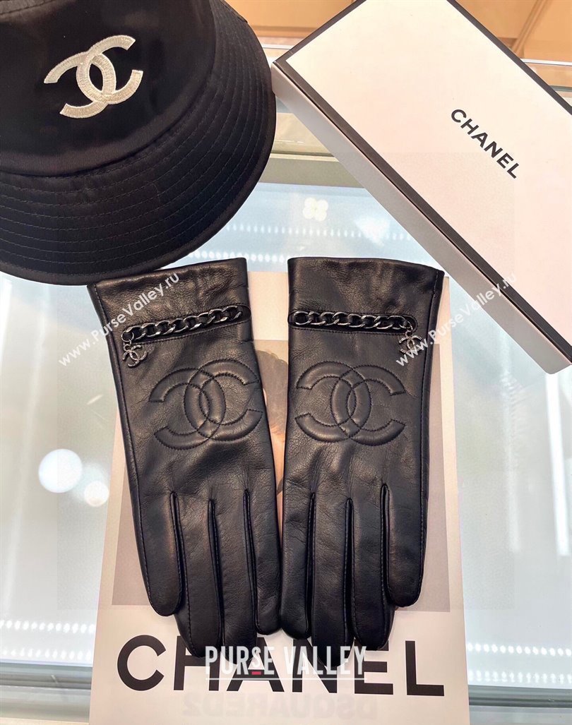 Chanel Lambskin Leather Gloves with Chain Black 2024 1023 (A-241023110)