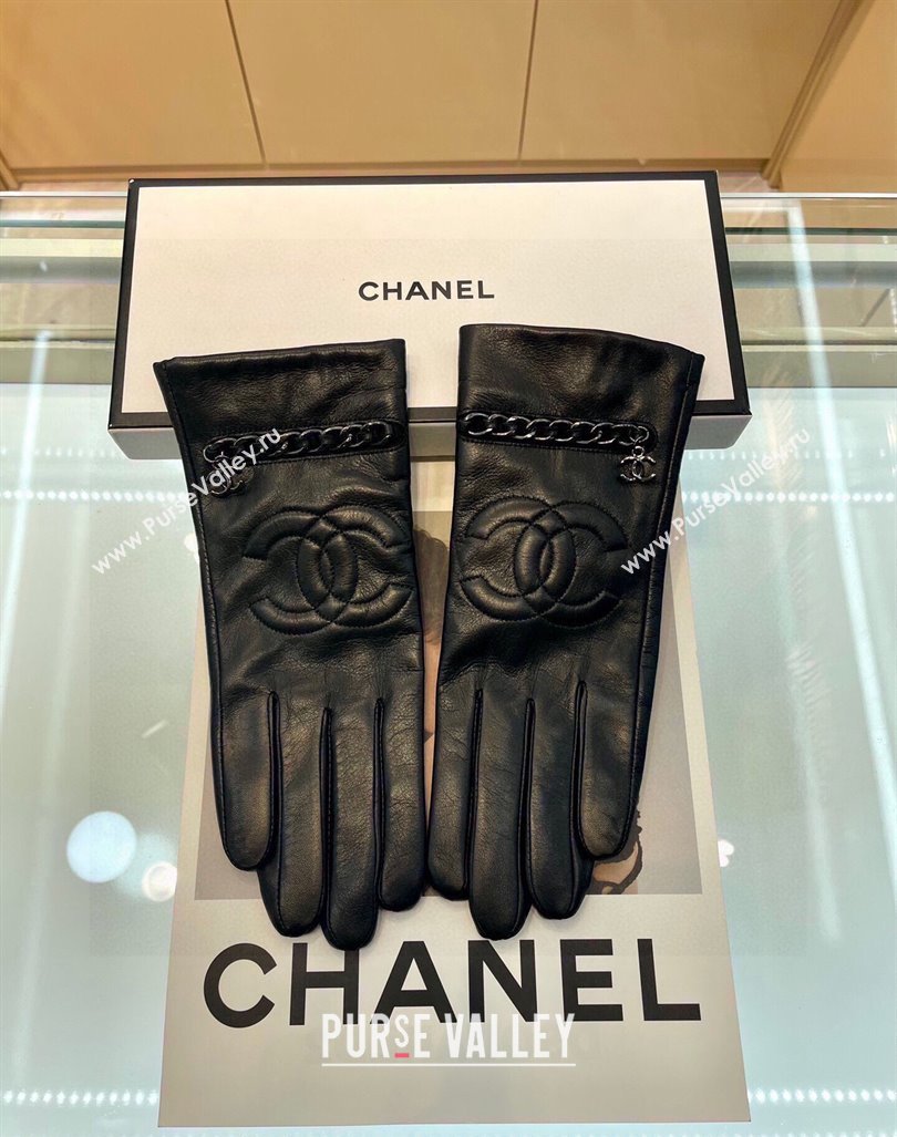 Chanel Lambskin Leather Gloves with Chain Black 2024 1023 (A-241023110)