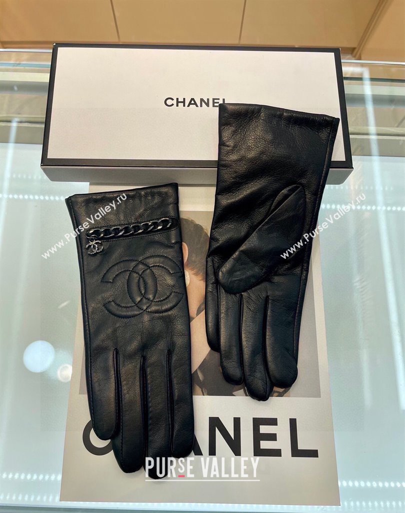 Chanel Lambskin Leather Gloves with Chain Black 2024 1023 (A-241023110)