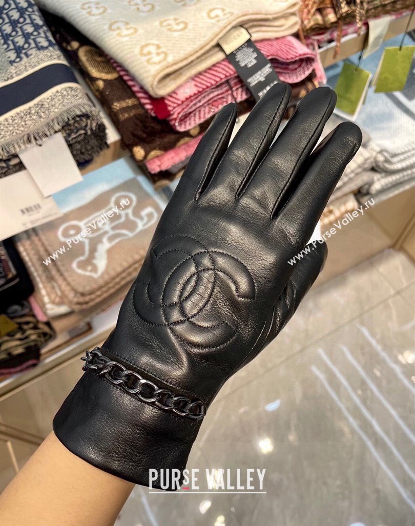 Chanel Lambskin Leather Gloves with Chain Black 2024 1023 (A-241023110)