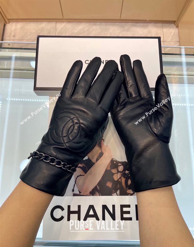 Chanel Lambskin Leather Gloves with Chain Black 2024 1023 (A-241023110)