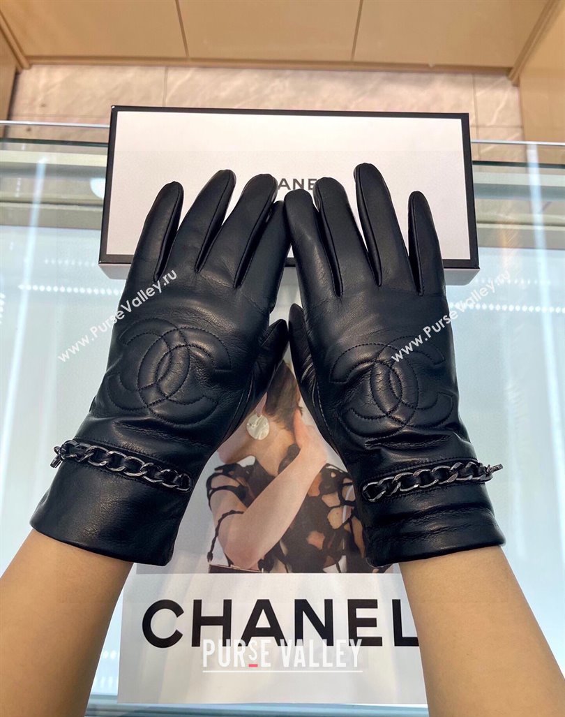 Chanel Lambskin Leather Gloves with Chain Black 2024 1023 (A-241023110)