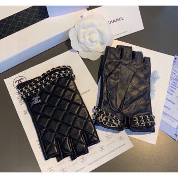 Chanel Quilted Lambskin Gloves with Chain Wrap Black 2024 1023 (A-241023112)