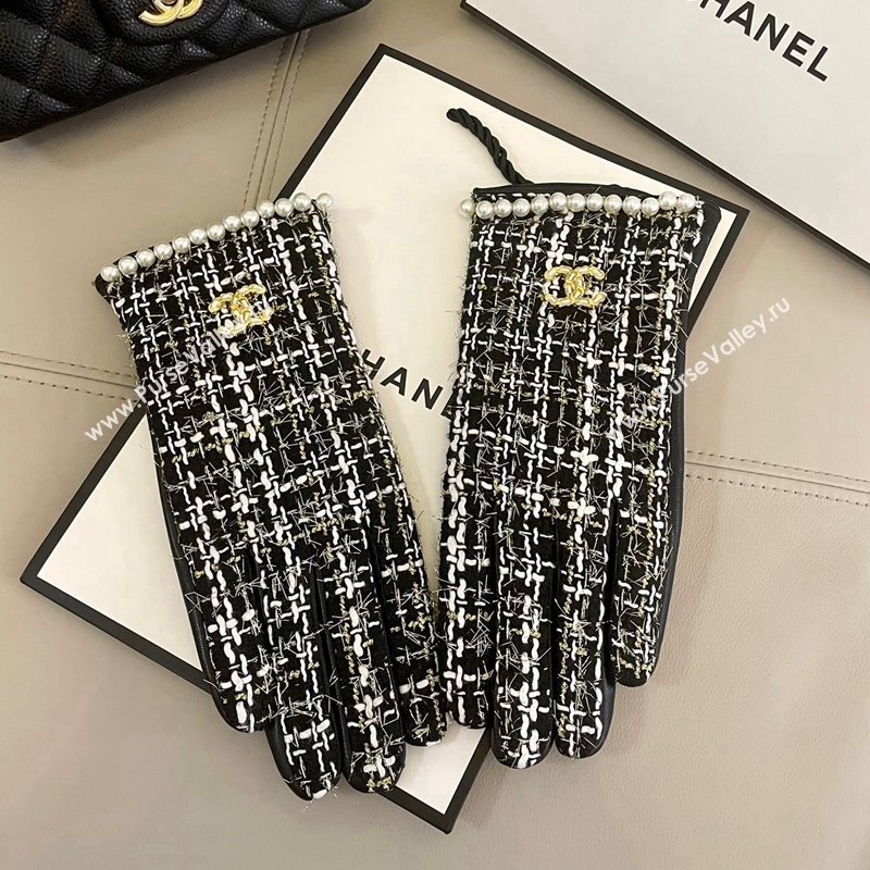 Chanel Tweed Gloves with Pearls CC L Black 2024 1023 (A-241023115)