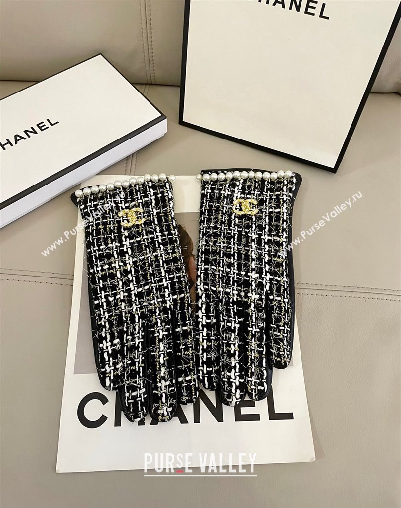 Chanel Tweed Gloves with Pearls CC L Black 2024 1023 (A-241023115)