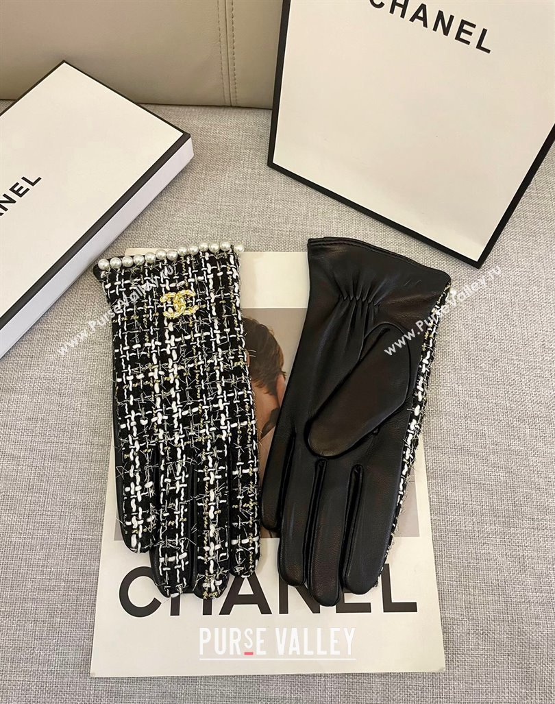 Chanel Tweed Gloves with Pearls CC L Black 2024 1023 (A-241023115)