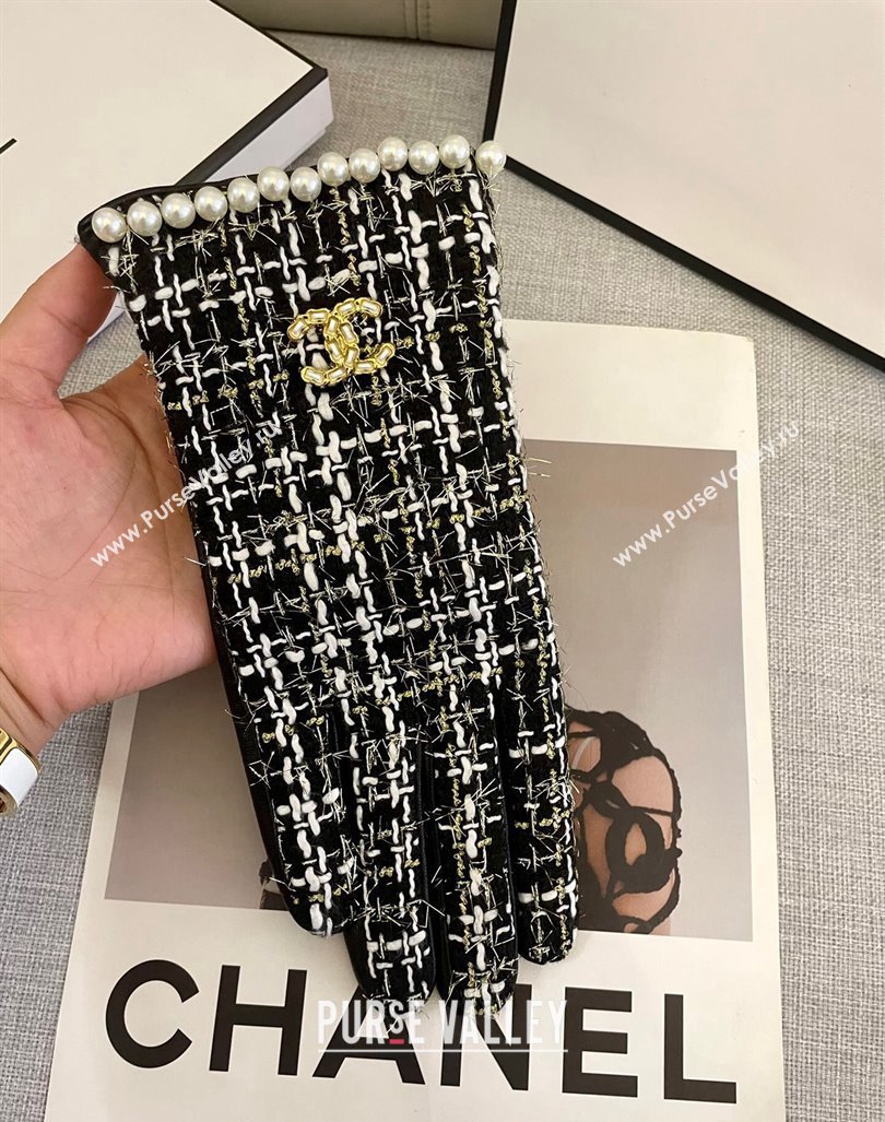 Chanel Tweed Gloves with Pearls CC L Black 2024 1023 (A-241023115)