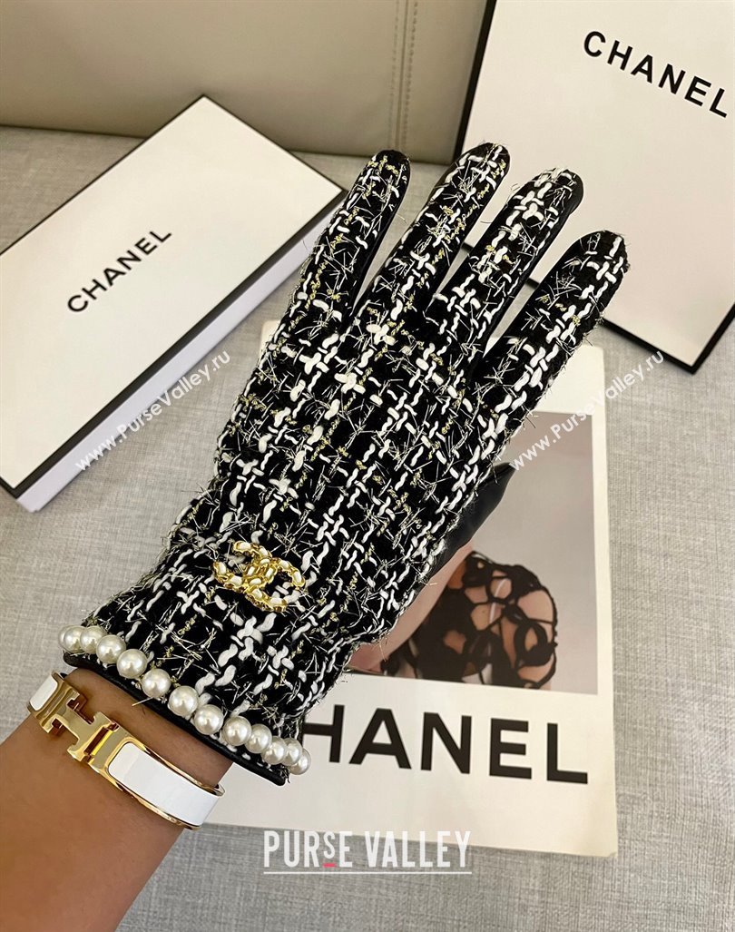 Chanel Tweed Gloves with Pearls CC L Black 2024 1023 (A-241023115)