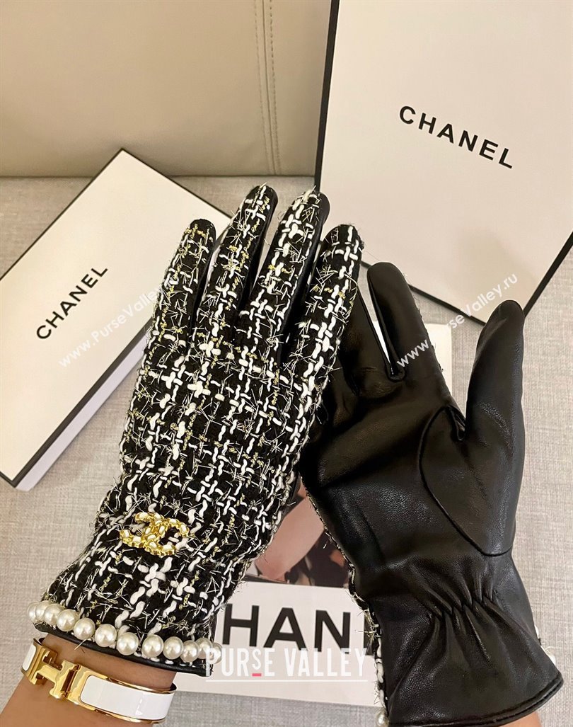 Chanel Tweed Gloves with Pearls CC L Black 2024 1023 (A-241023115)