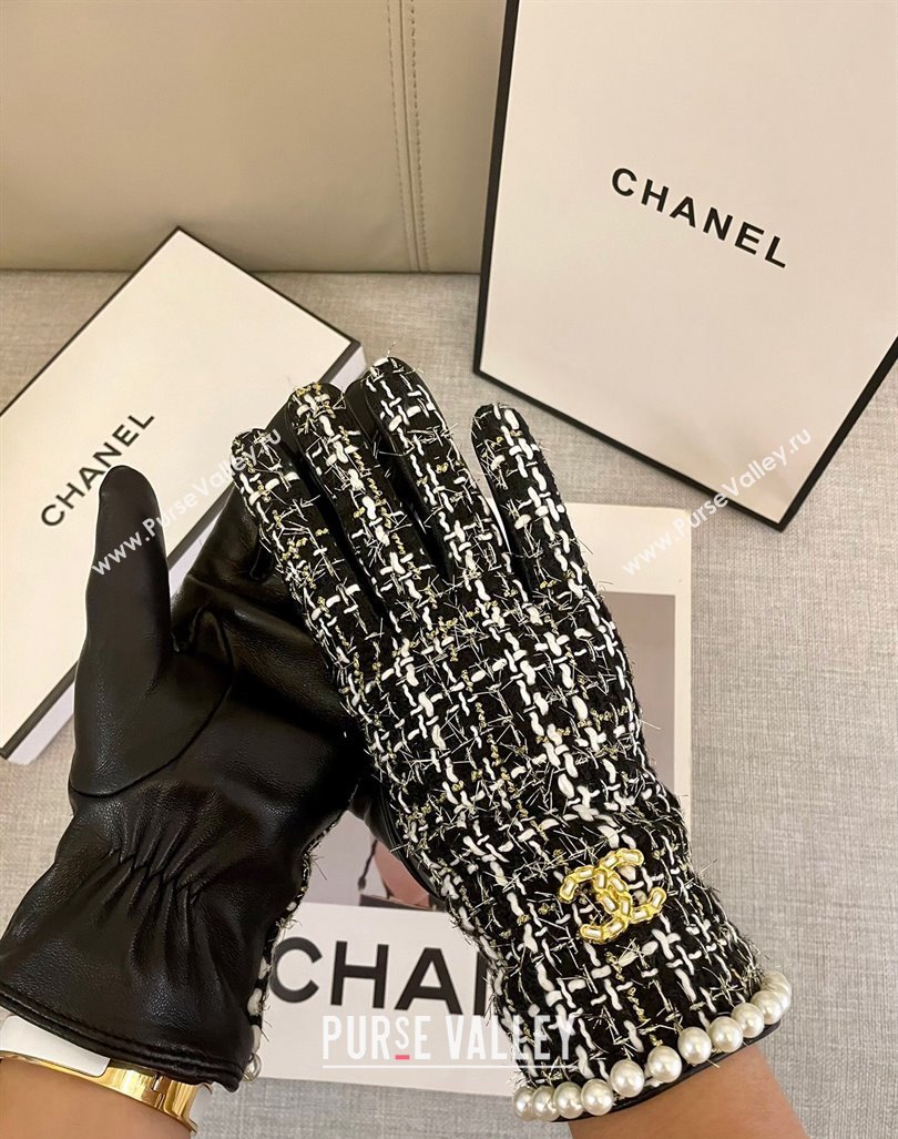 Chanel Tweed Gloves with Pearls CC L Black 2024 1023 (A-241023115)