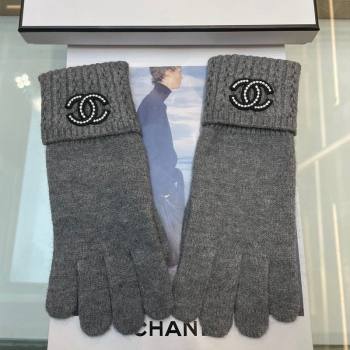 Chanel Cashmere Knit Gloves with Strass CC Grey 2024 1023 (A-241023134)