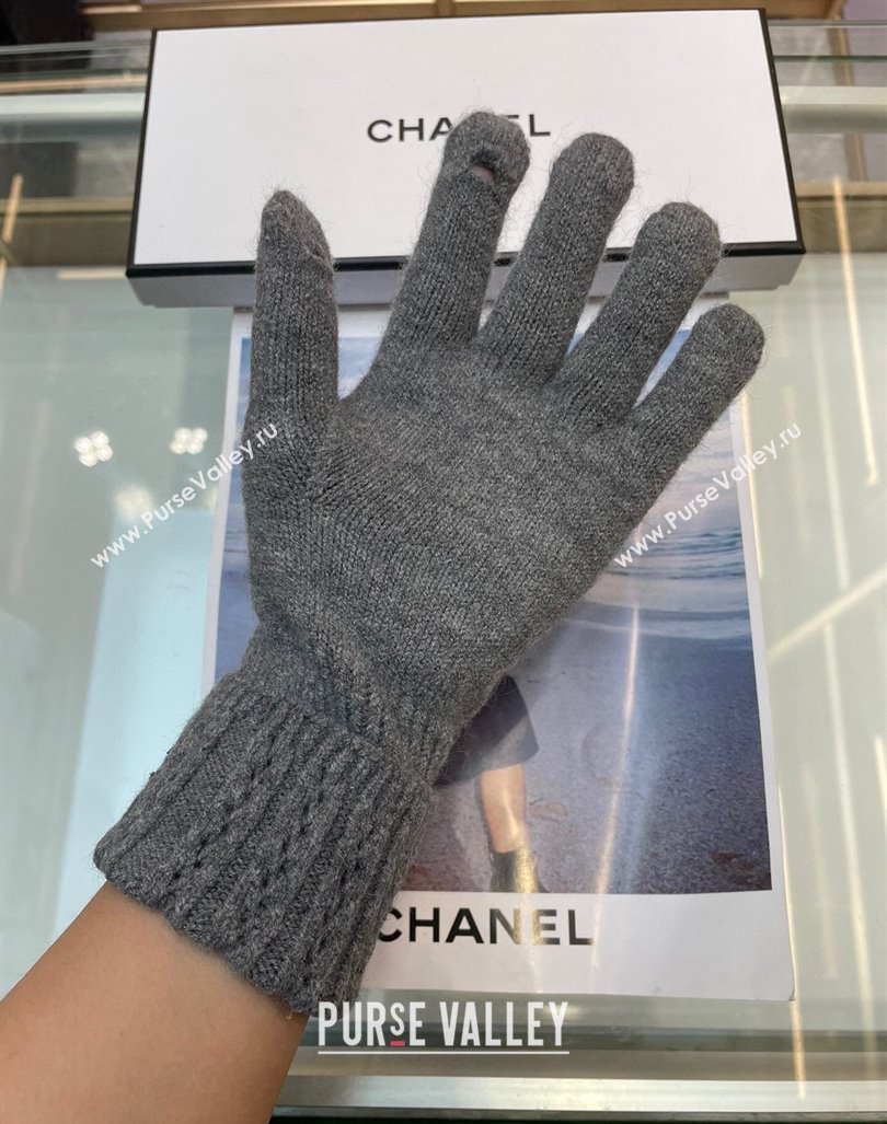 Chanel Cashmere Knit Gloves with Strass CC Grey 2024 1023 (A-241023134)