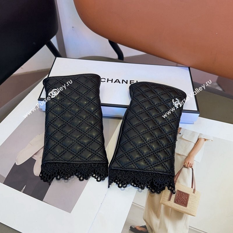 Chanel Quilted Lambskin Gloves with Lace Black 2024 1023 (A-241023136)