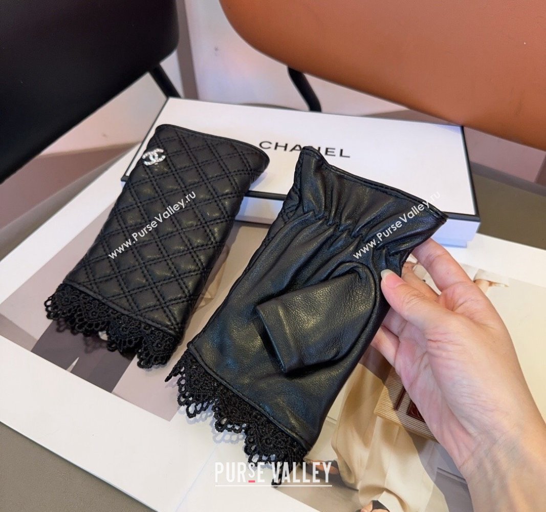 Chanel Quilted Lambskin Gloves with Lace Black 2024 1023 (A-241023136)