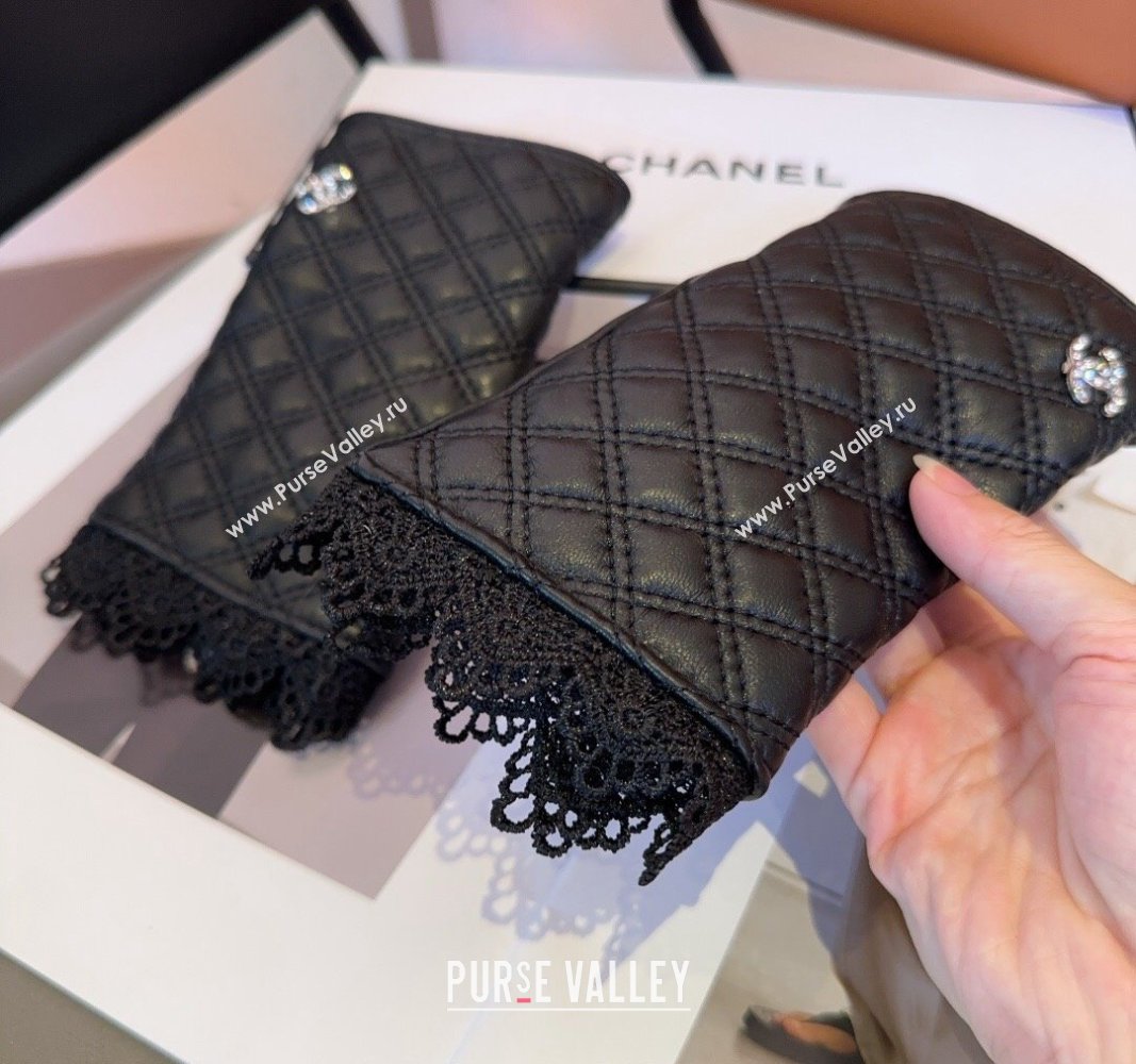 Chanel Quilted Lambskin Gloves with Lace Black 2024 1023 (A-241023136)