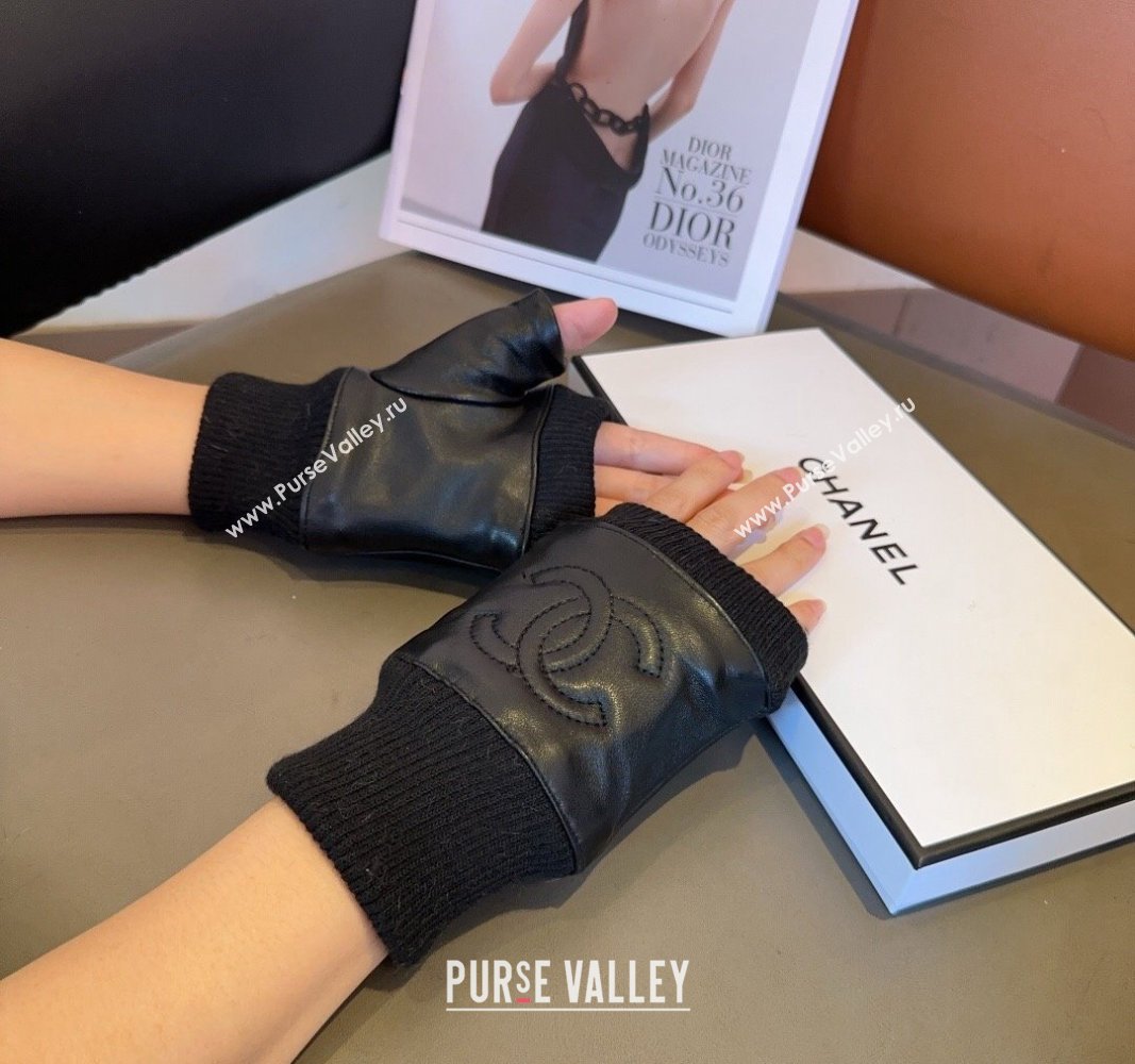 Chanel Lambskin and Knit Short Gloves Black 2024 1023 (A-241023137)