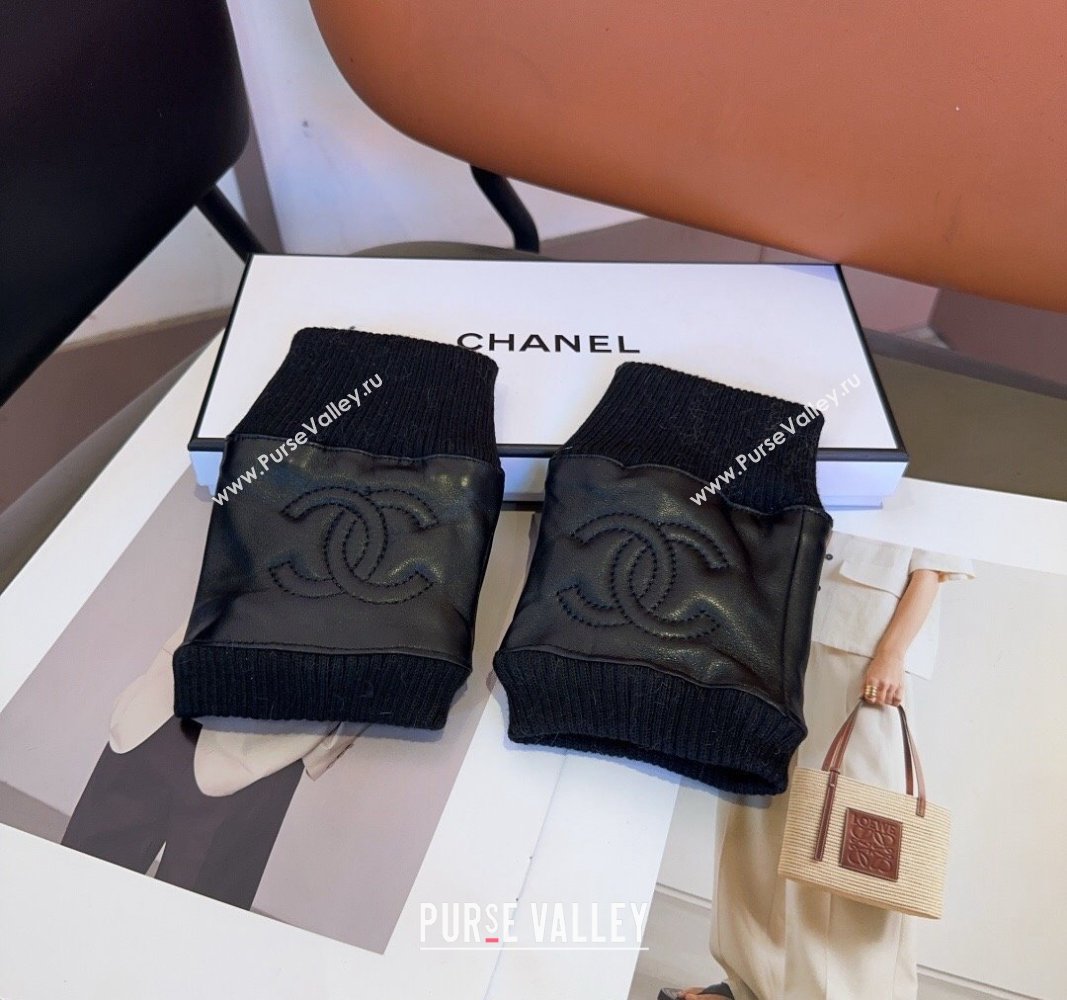 Chanel Lambskin and Knit Short Gloves Black 2024 1023 (A-241023137)