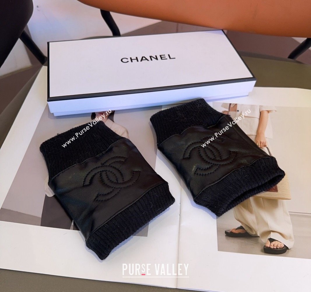 Chanel Lambskin and Knit Short Gloves Black 2024 1023 (A-241023137)