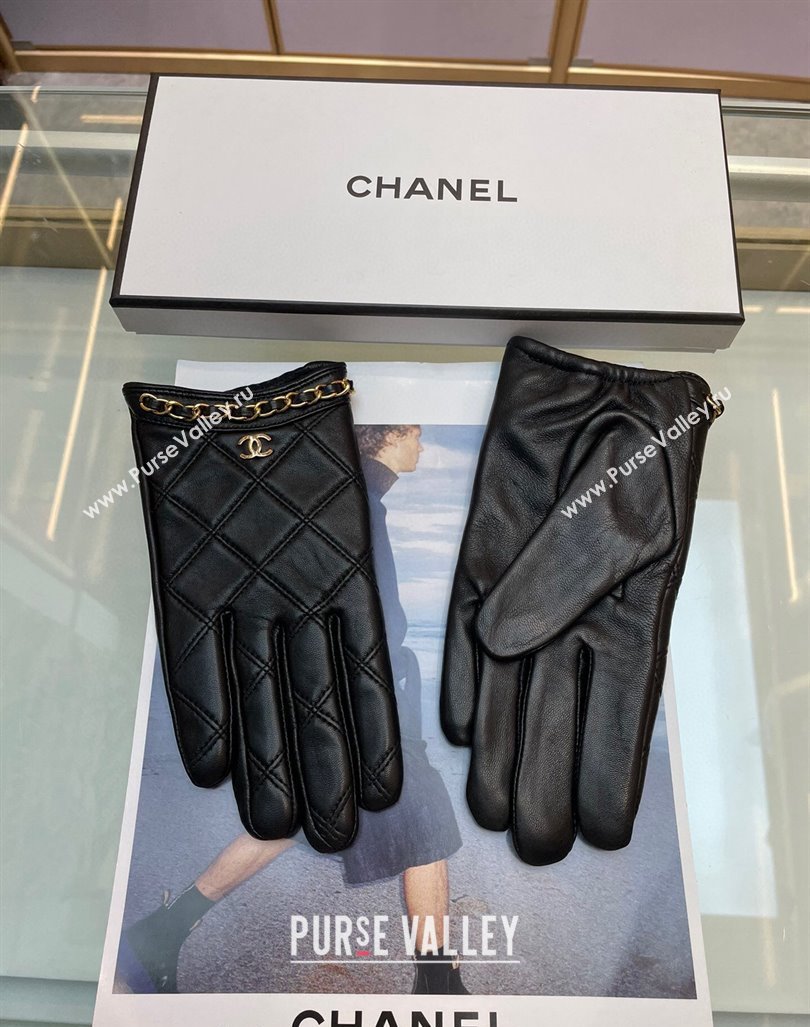 Chanel Quilted Lambskin Gloves with Chain Black 2024 1022 (A-241023140)