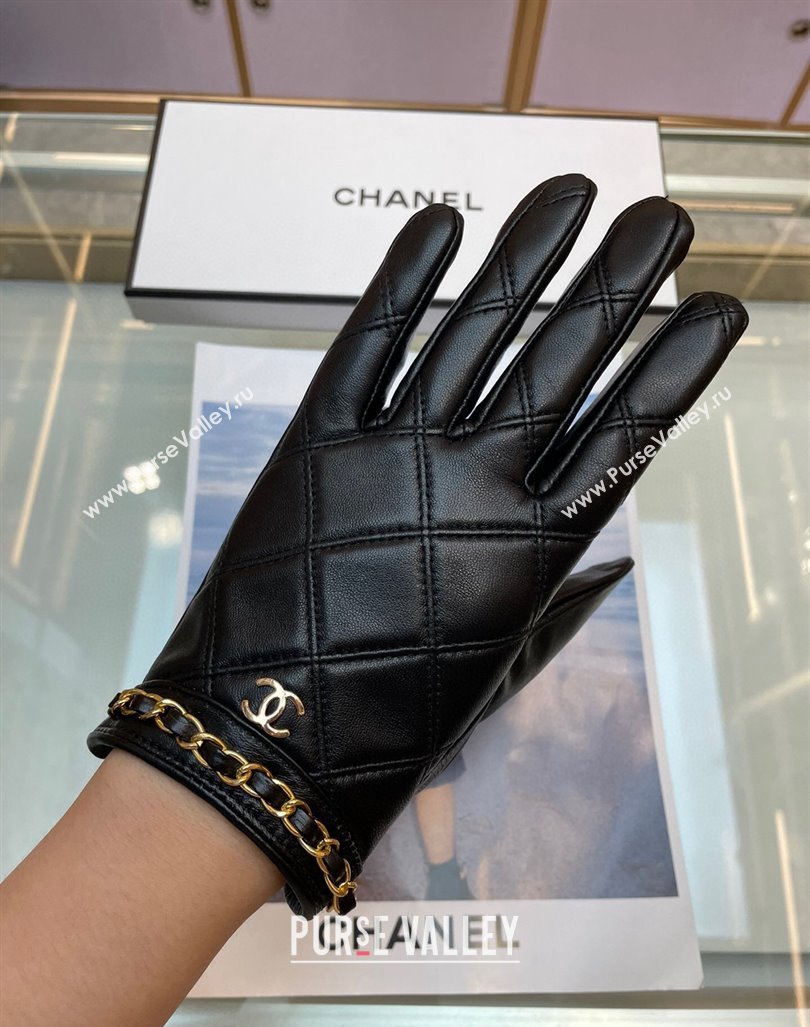 Chanel Quilted Lambskin Gloves with Chain Black 2024 1022 (A-241023140)