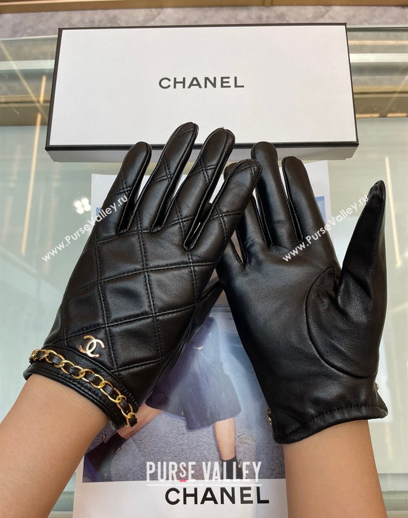 Chanel Quilted Lambskin Gloves with Chain Black 2024 1022 (A-241023140)